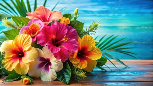 A vibrant bouquet of tropical flowers, featuring vibrant pink, yellow, and orange hibiscus blossoms, with lush green foliage, set against a backdrop of a serene blue ocean and a wooden surface.