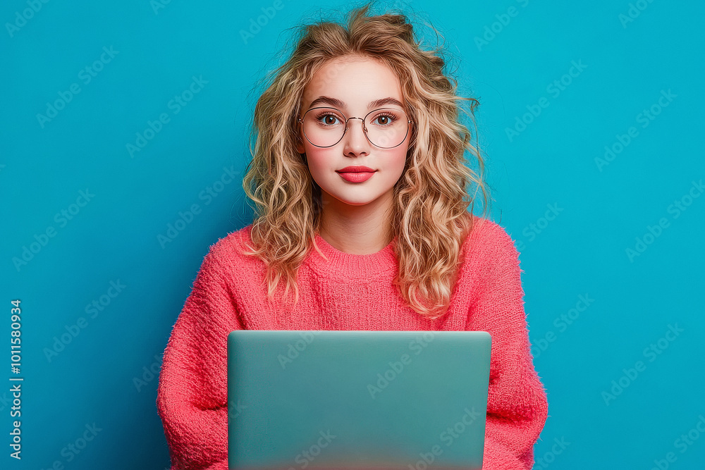 young beautiful girl using laptop on blue background