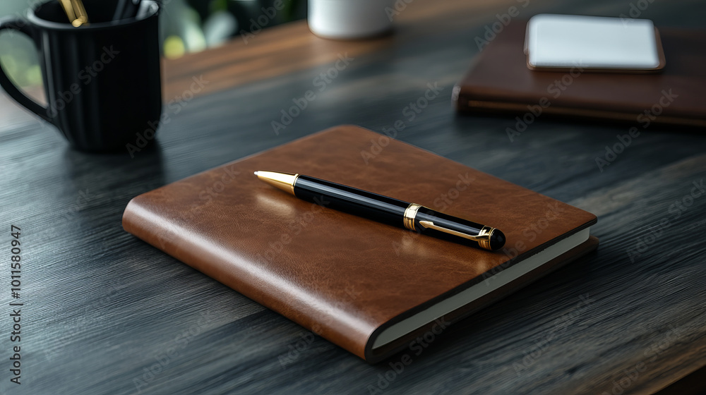 Elegant Leather Pen on Stylish Desk Setting Elegant Leather Pen on Stylish Desk Setting