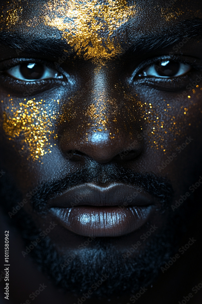 close-up portrait of a black man with gold glitter makeup and a serious expression close-up portrait of a black man with gold glitter makeup and a serious expression
