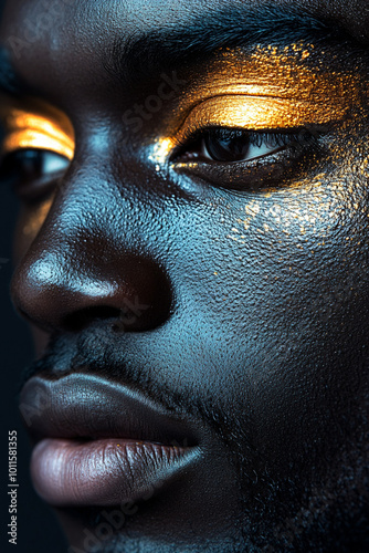 close-up of black man's face with gold and blue makeup - dramatic portrait photo