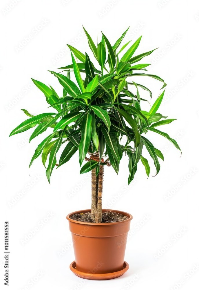 Dracaena trifasciata plant on a pot, isolated on white background