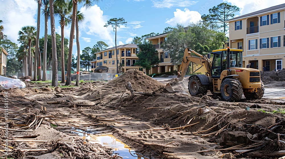 A construction vehicle in front of a house A construction vehicle in front of a house