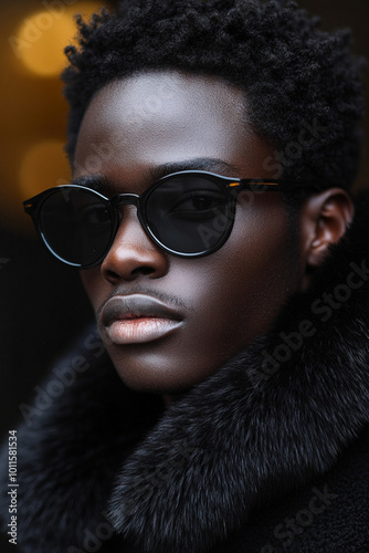 stylish black woman in fur coat and sunglasses looking away from camera