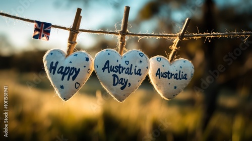 Three white fabric hearts with the words "Happy", "Australia Day", and "Australia" on them hanging from a rope line with a small British flag at the end.