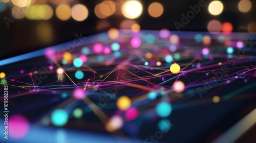 A vibrant abstract representation of interconnected nodes and lines, symbolizing data networks and digital communication. photo