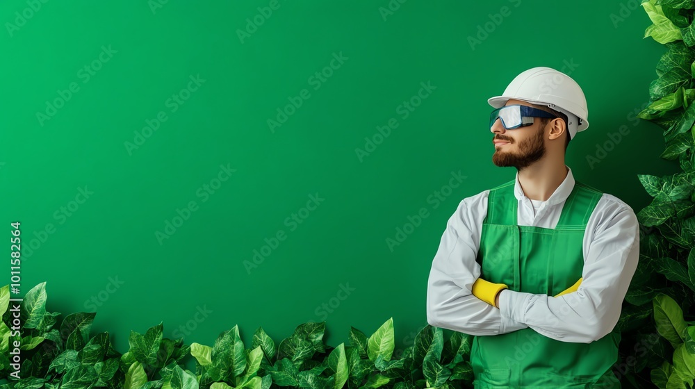 A confident worker in a hard hat and green apron, surrounded by lush foliage, ready to tackle any project with determination. A confident worker in a hard hat and green apron, surrounded by lush foliage, ready to tackle any project with determination.