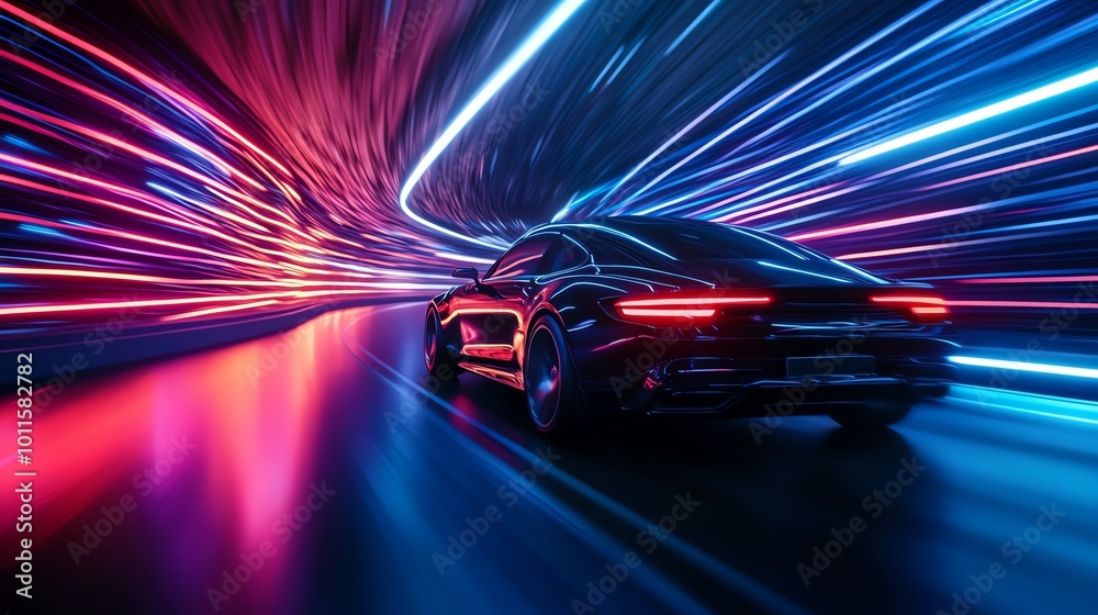 A sleek car speeding through a vibrant neon tunnel, creating a dynamic visual of motion and energy. A sleek car speeding through a vibrant neon tunnel, creating a dynamic visual of motion and energy.