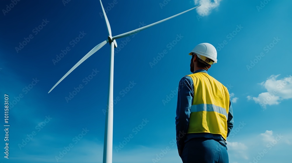 A worker observes a wind turbine against a clear blue sky, highlighting renewable energy and modern engineering. A worker observes a wind turbine against a clear blue sky, highlighting renewable energy and modern engineering.