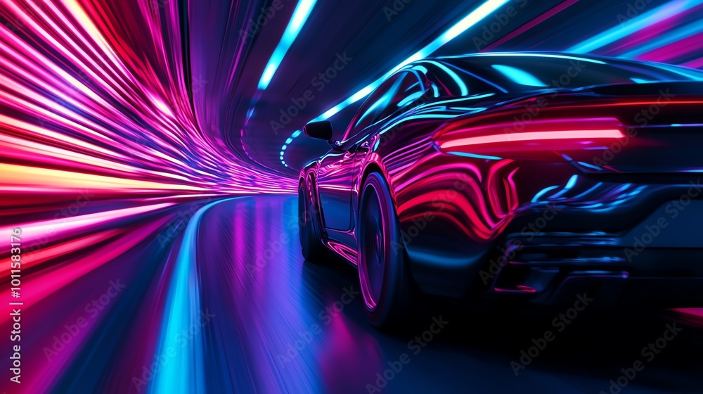 Dynamic neon lights reflect off a sleek car as it speeds through an illuminated tunnel, showcasing a futuristic environment. Dynamic neon lights reflect off a sleek car as it speeds through an illuminated tunnel, showcasing a futuristic environment.