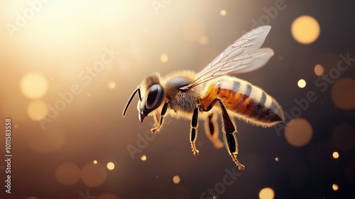 Close-up of a bee hovering with a soft blurred background. photo