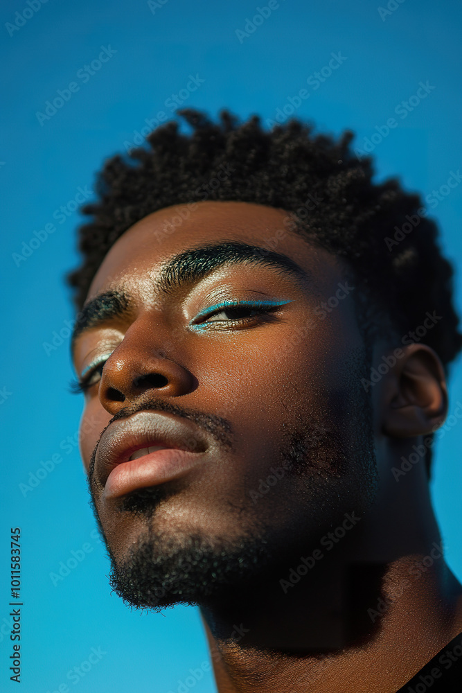 Gen Z black man with striking blue eyeliner against clear sky Gen Z black man with striking blue eyeliner against clear sky