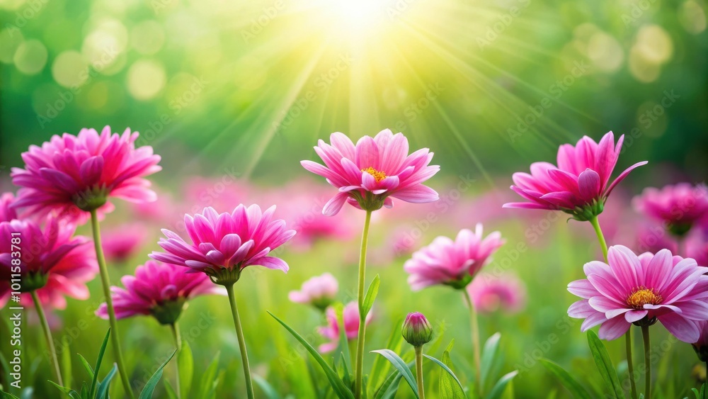 A field of pink flowers basking in the golden glow of the sun, with a gentle breeze rustling through the petals A field of pink flowers basking in the golden glow of the sun, with a gentle breeze rustling through the petals
