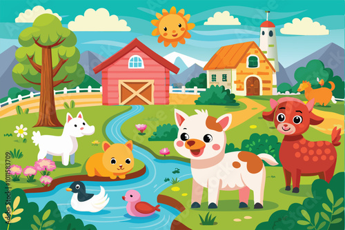 Farm animals are enjoying nature by the river vector illustration.