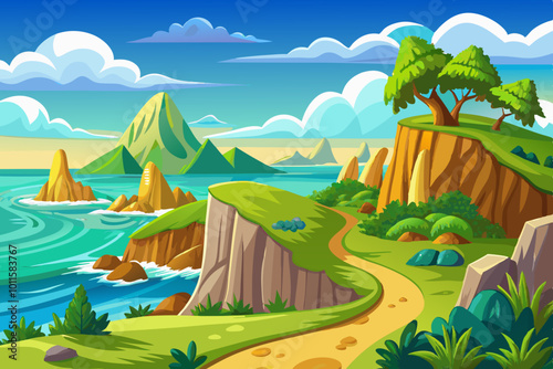 hills vector against ocean landscape outdoors horizon illlustraton cartoon, green background