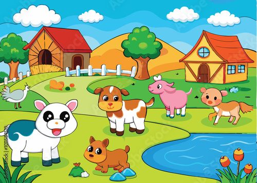 Farm animals are enjoying nature by the river vector illustration.