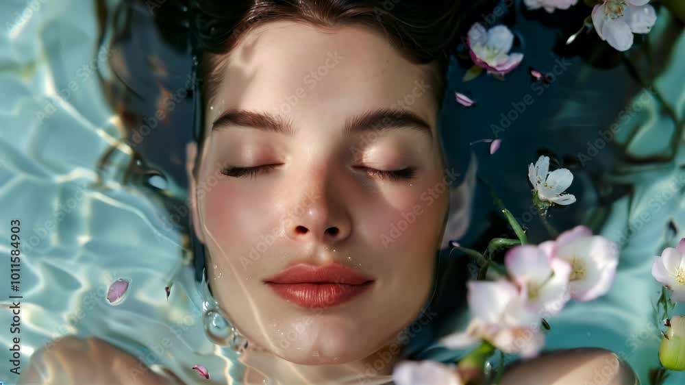 Woman peacefully floating in water surrounded by flowers, ideal for wellness, relaxation, spa promotions, and beauty care campaigns focused on tranquility and mindfulness