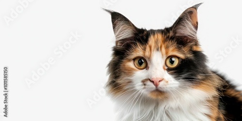 Longhair calico cat, funny face close up, isolated on transparent background