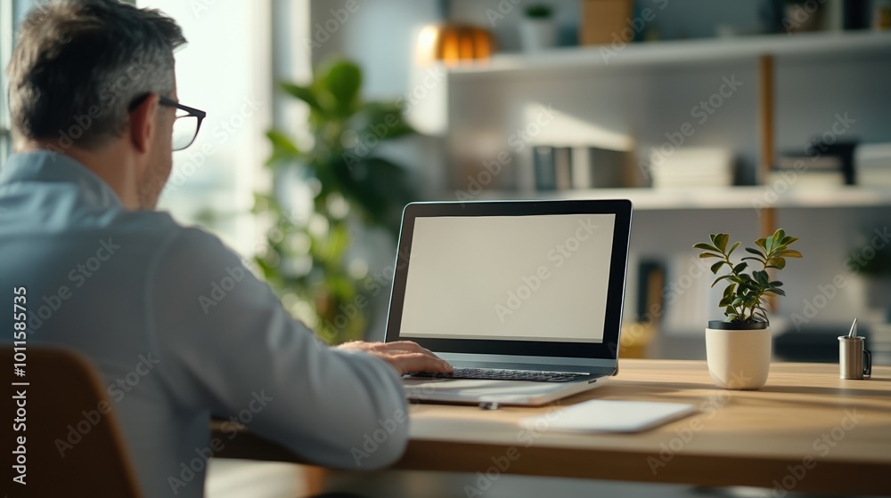 Focused man working on laptop in a home office environment. Focused man working on laptop in a home office environment.