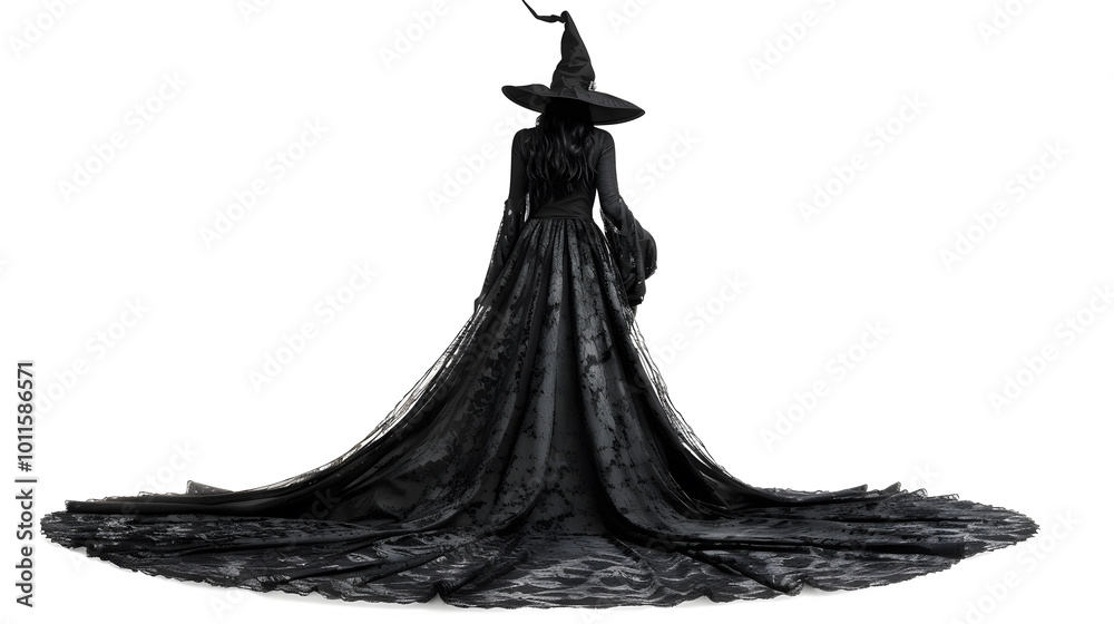 Black witch dress, hat and broom isolated in white background Black witch dress, hat and broom isolated in white background