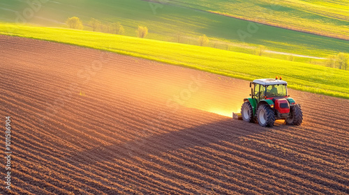 tractor working at green agricultural field photo