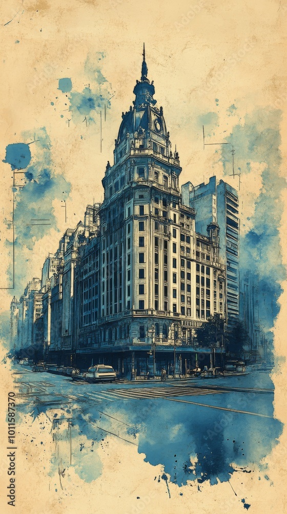 Fototapeta premium Historic Building in a City Center Depicted in Artistic Blue Watercolor Style