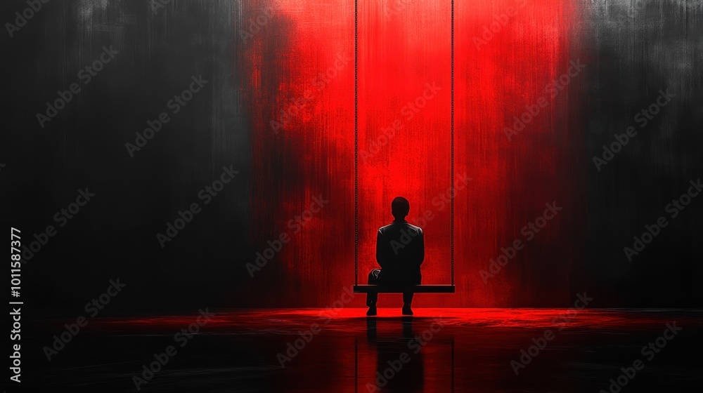 A solitary figure on a swing against a striking red backdrop. A solitary figure on a swing against a striking red backdrop.