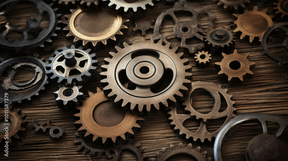 Rustic Steel Gears and Cogs on Aged Wood Background Rustic Steel Gears and Cogs on Aged Wood Background