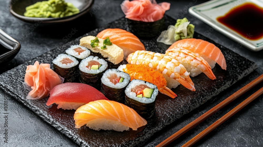 A traditional sushi platter with a variety of nigiri and maki rolls, served with soy sauce, pickled ginger, and wasabi A traditional sushi platter with a variety of nigiri and maki rolls, served with soy sauce, pickled ginger, and wasabi