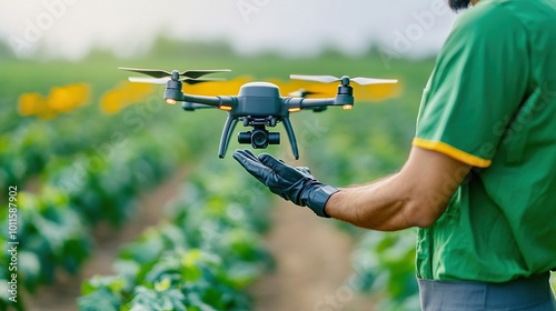 A farmer prepares to fly a drone over a lush green field, showcasing modern technology in agriculture and crop management.