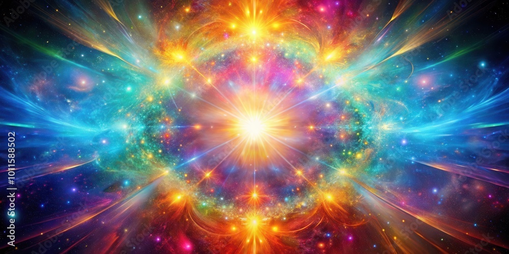 Fototapeta premium A radiant burst of celestial light illuminating a cosmic nebula with vibrant swirls of colors and scattered stars.