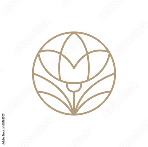 Flower round line logo aesthetics. Emblem plant in circle linear style. Vector abstract badge for design of natural products, flower shop, cosmetics, ecology concepts, health, spa, yoga center