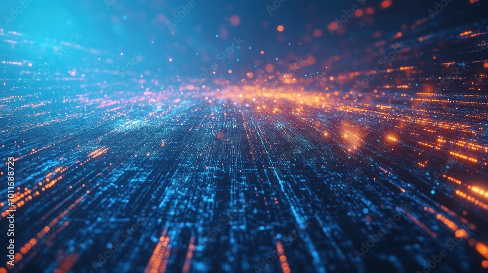 Fototapeta premium Abstract digital landscape with glowing particles and lines, representing data flow.