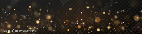 Christmas background. Powder PNG. Magic shining gold dust. Fine, shiny dust bokeh particles fall off slightly. Fantastic shimmer effect.