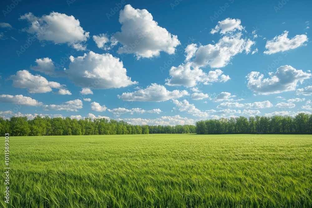 Obraz premium A Field of Green Grass Swaying in the Wind Under a Blue Sky with White Clouds