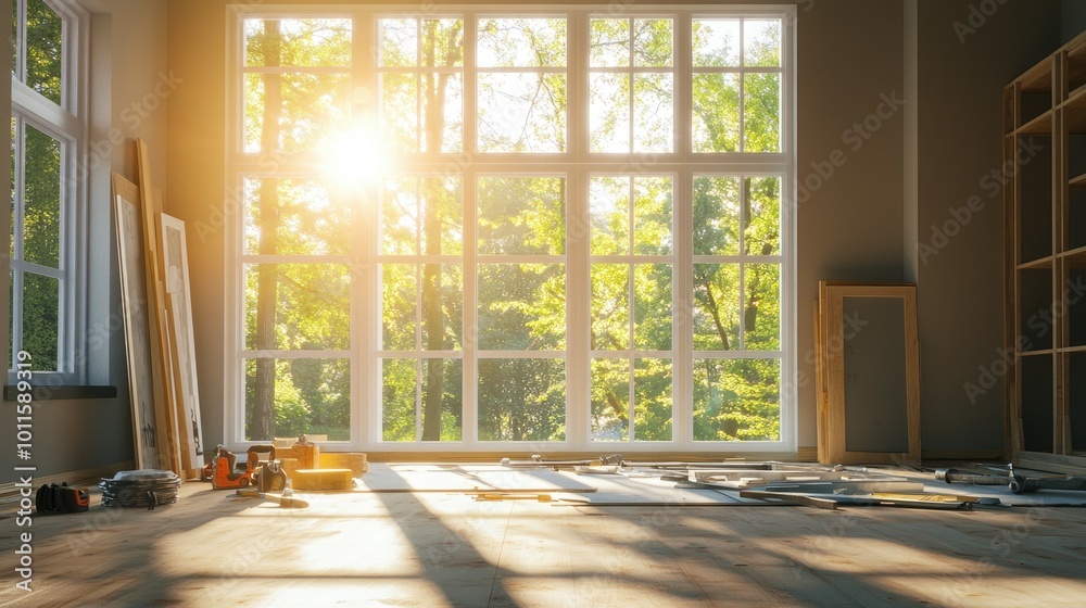 Fototapeta premium Morning Sunlight Streaming Through Large Windows During Renovation