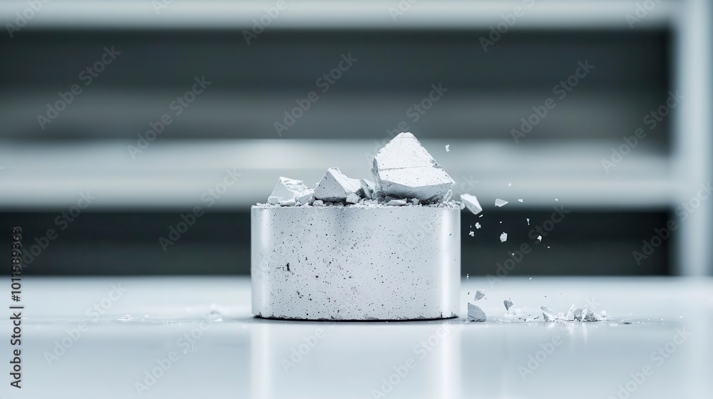 Cylindrical concrete sample split by a compression force in a specialized machine, Concrete splitting test, Material fracture evaluation Cylindrical concrete sample split by a compression force in a specialized machine, Concrete splitting test, Material fracture evaluation