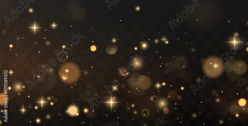 Christmas background. Powder PNG. Magic shining gold dust. Fine, shiny dust bokeh particles fall off slightly. Fantastic shimmer effect.