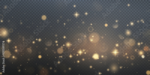 Christmas background. Powder PNG. Magic shining gold dust. Fine, shiny dust bokeh particles fall off slightly. Fantastic shimmer effect.