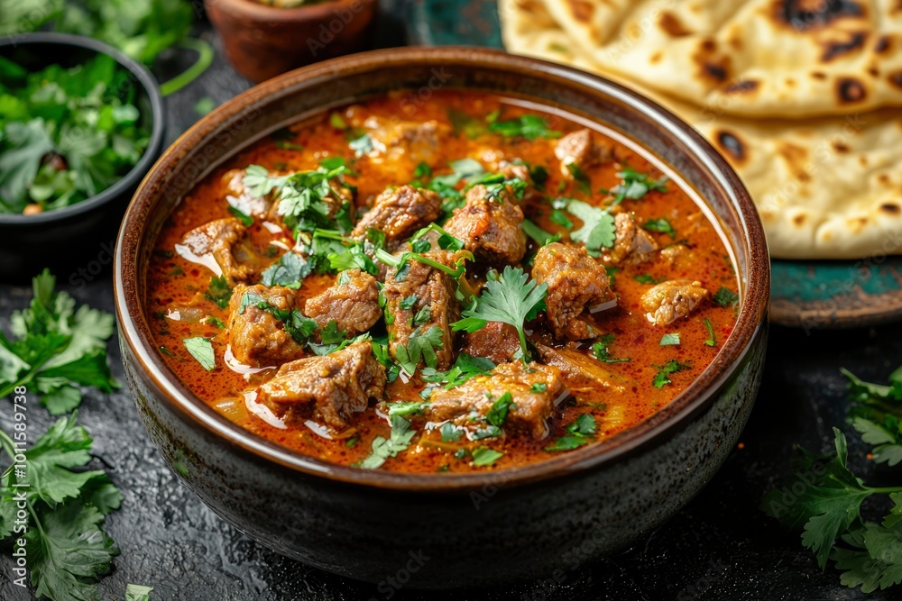 Close-up of a bowl of beef curry with parsley and naan bread Close-up of a bowl of beef curry with parsley and naan bread