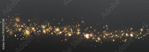 Christmas background. Powder PNG. Magic shining gold dust. Fine, shiny dust bokeh particles fall off slightly. Fantastic shimmer effect.
