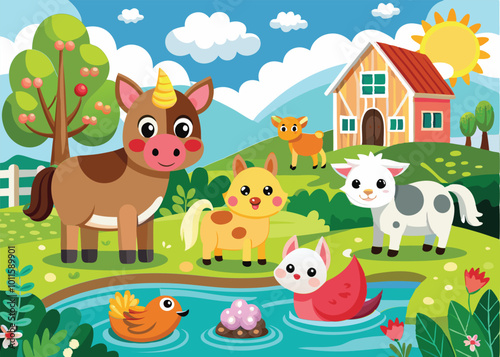 Farm animals are enjoying nature by the river vector illustration.