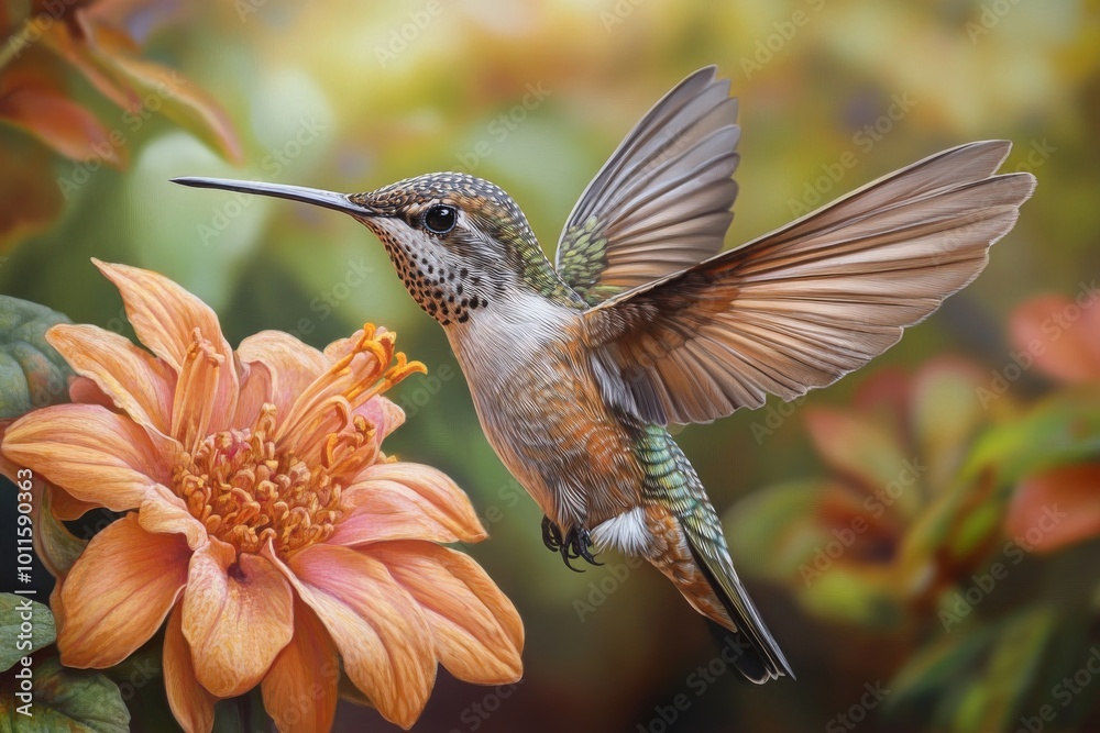 Fototapeta premium A Vibrant Hummingbird Hovering Near a Colorful Flower in a Lush Garden During the Afternoon Light