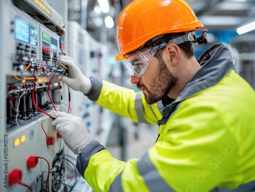 Technician wearing safety gear performing rebar corrosion test with electrochemical setup, Rebar corrosion testing, Durability assessment