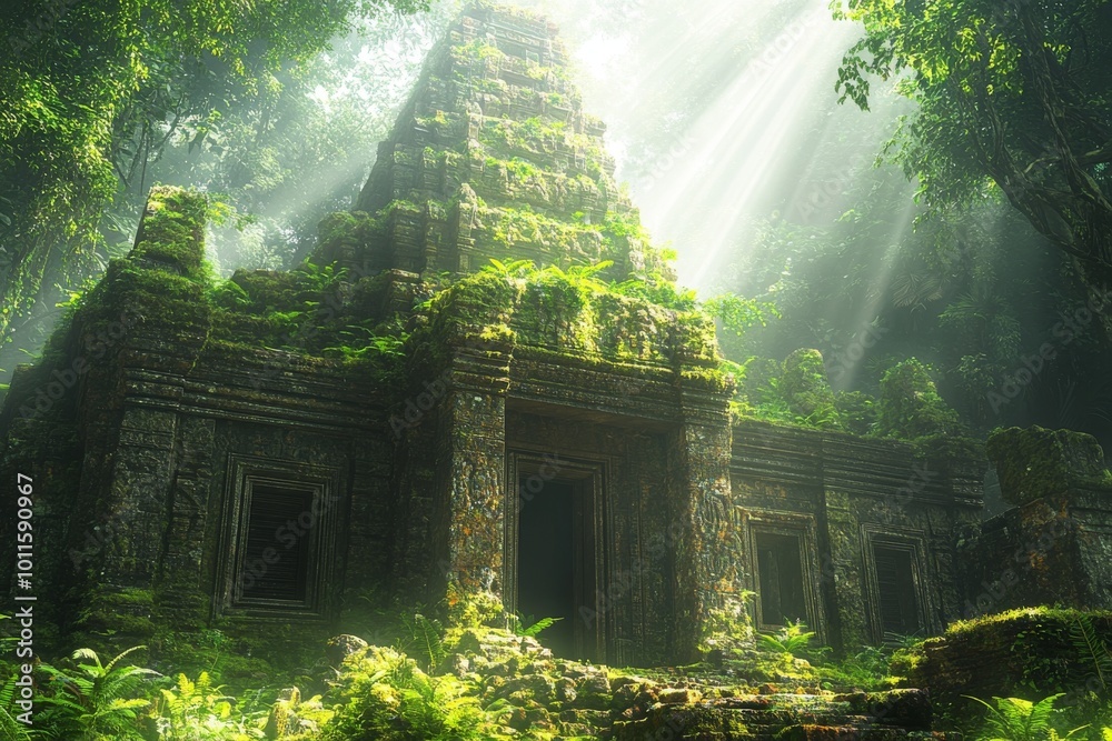 Ancient Temple Emerges From Lush Jungle Under Soft Sunlight Shafts in a Serene Atmosphere Ancient Temple Emerges From Lush Jungle Under Soft Sunlight Shafts in a Serene Atmosphere