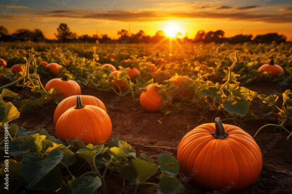 Sunset Over Pumpkin Patch in a Farm Field Sunset Over Pumpkin Patch in a Farm Field