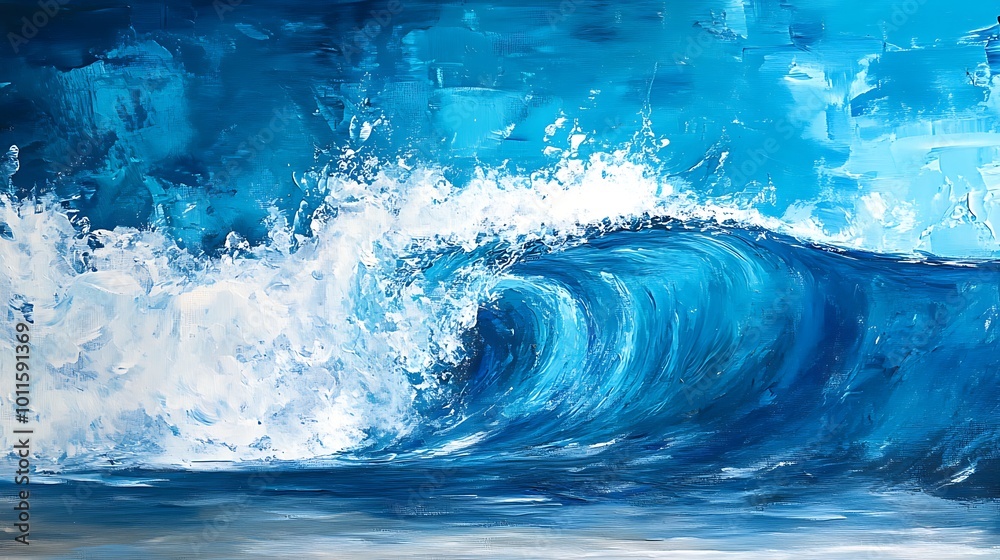 Obraz premium An abstract painting of a large blue wave crashing, with thick white paint strokes representing the foam.