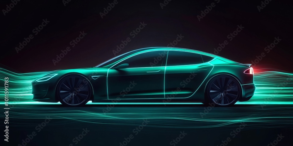 Obraz premium A Sleek Electric Car Illuminated With Neon Lights Showcasing Modern Design in a Futuristic Setting