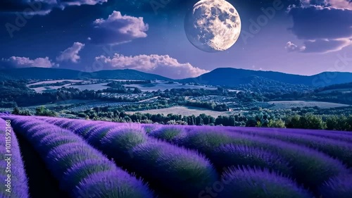 A large moon is shining over a field of lavender photo