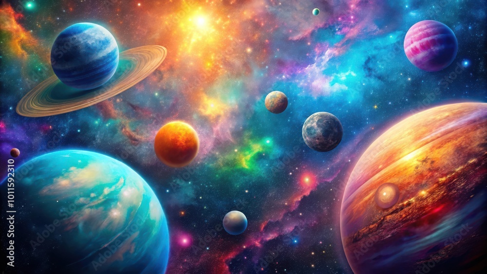 A vibrant cosmic tapestry of swirling nebulae, glowing stars, and majestic planets, each with unique characteristics and colors, creating a breathtaking display of celestial wonders.